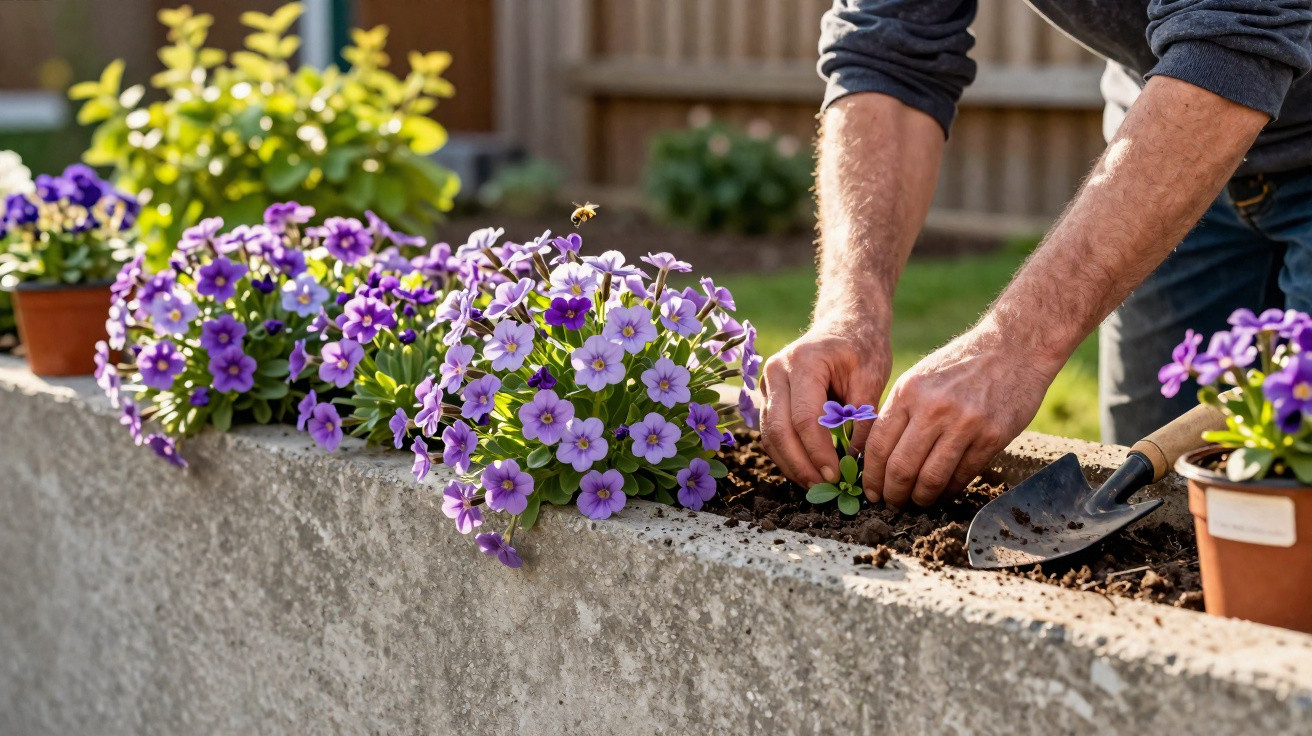 Person planting purple flowers in a raised garden bed with a small hand trowel nearby.