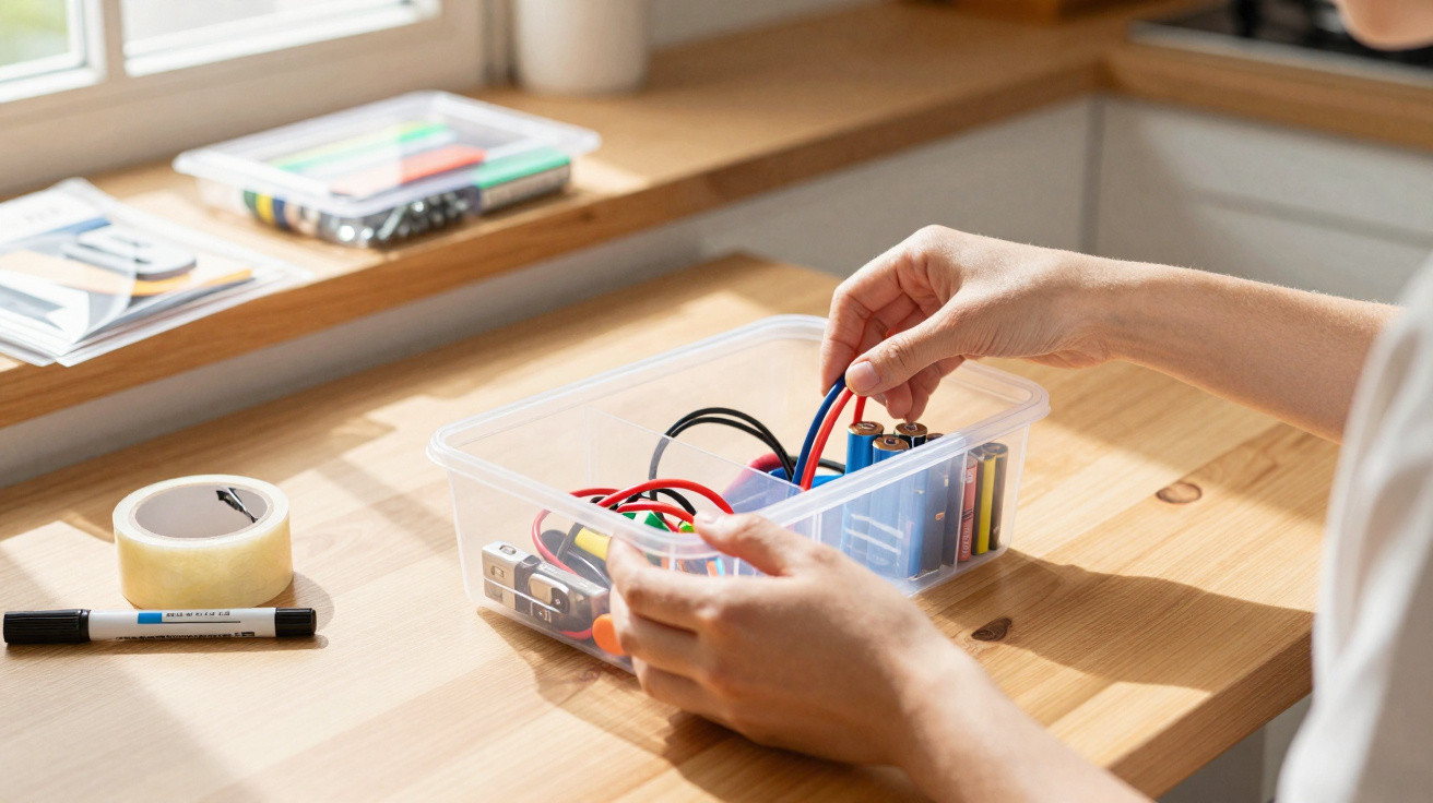 Person organising electronic components and cables in a clear plastic storage box on a wooden table by a window.