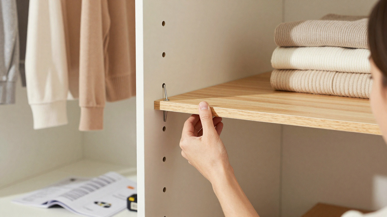 Hand adjusting wooden shelf inside white wardrobe with folded clothes and hanging garments nearby.