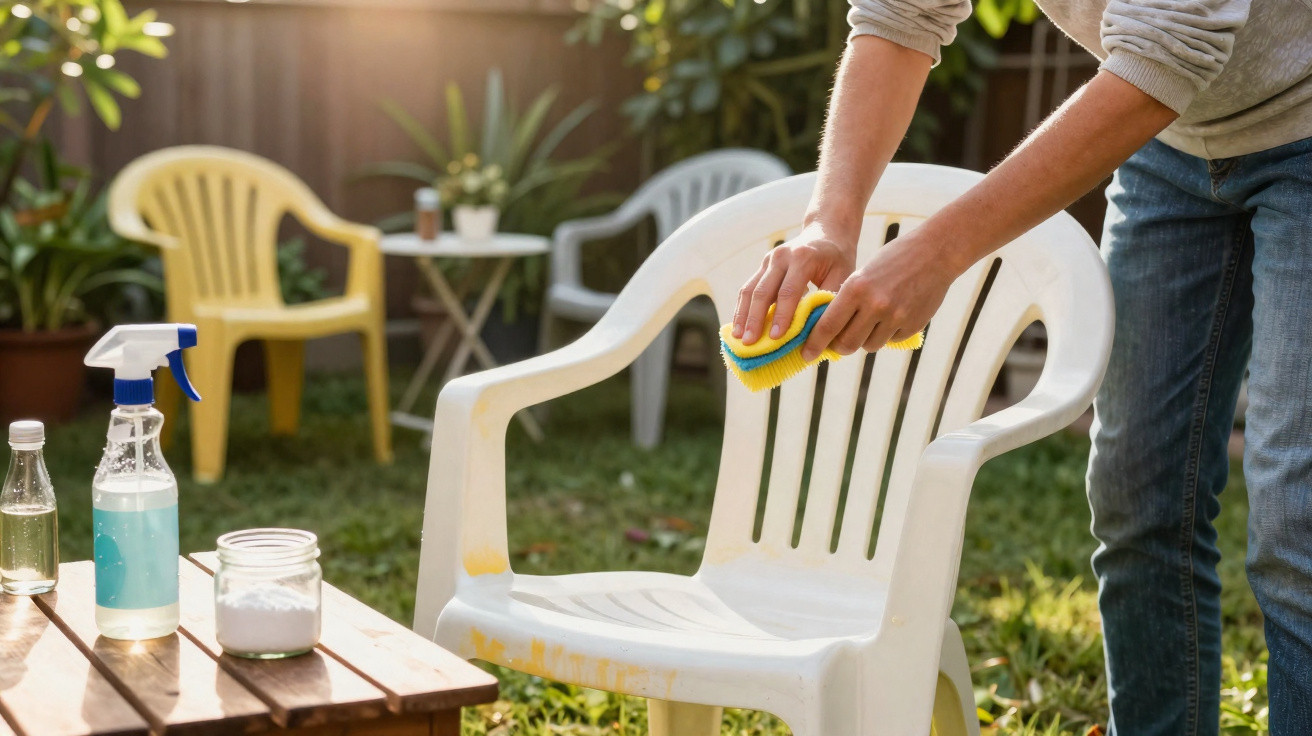 Person scrubbing a white plastic garden chair outdoors with cleaning supplies on a wooden table nearby.