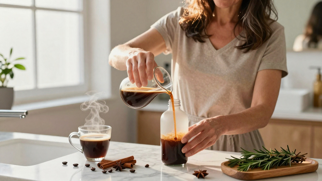 Woman pouring freshly brewed coffee into a glass jar on a kitchen countertop with cinnamon and rosemary nearby