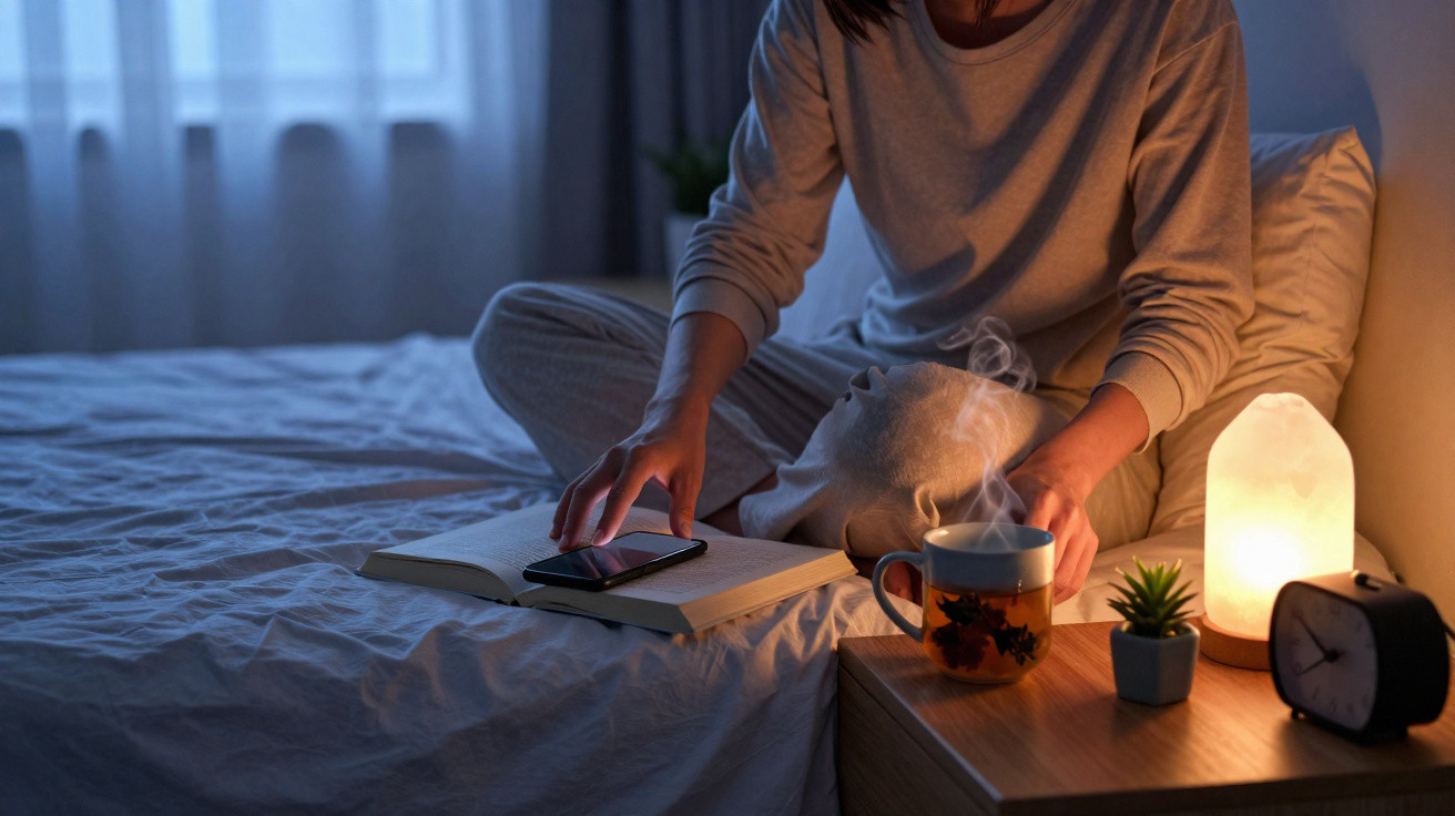 Person sitting cross-legged on bed using smartphone with book, steaming mug, lamp, plant, and clock nearby at night.
