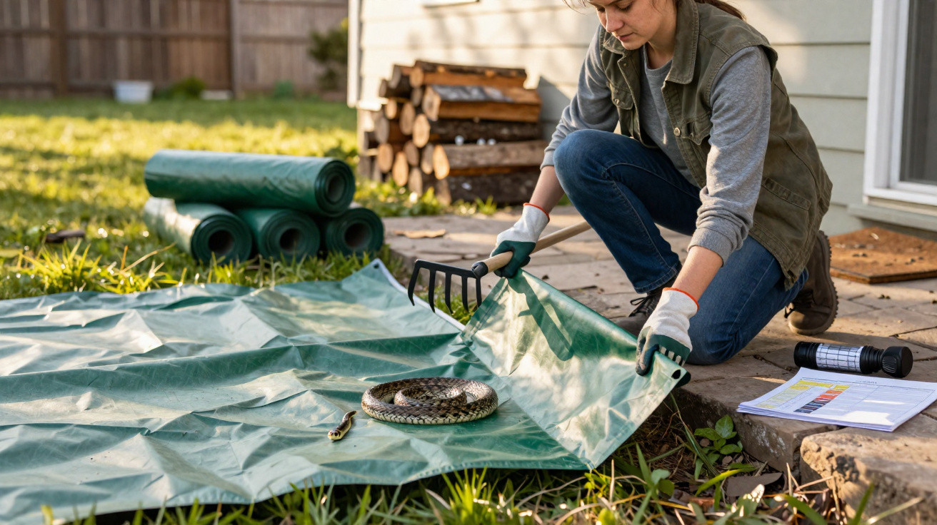 Person carefully capturing a coiled snake on a green tarp using gardening gloves and a rake in a backyard.
