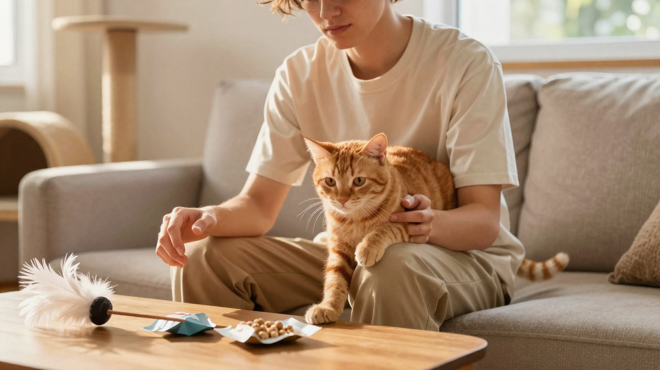 Person sitting on a sofa holding an orange tabby cat reaching for treats on a wooden coffee table.