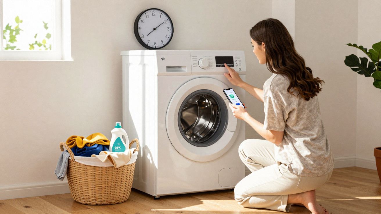 Woman using smartphone to control a front-loading washing machine in a bright laundry room next to a laundry basket.