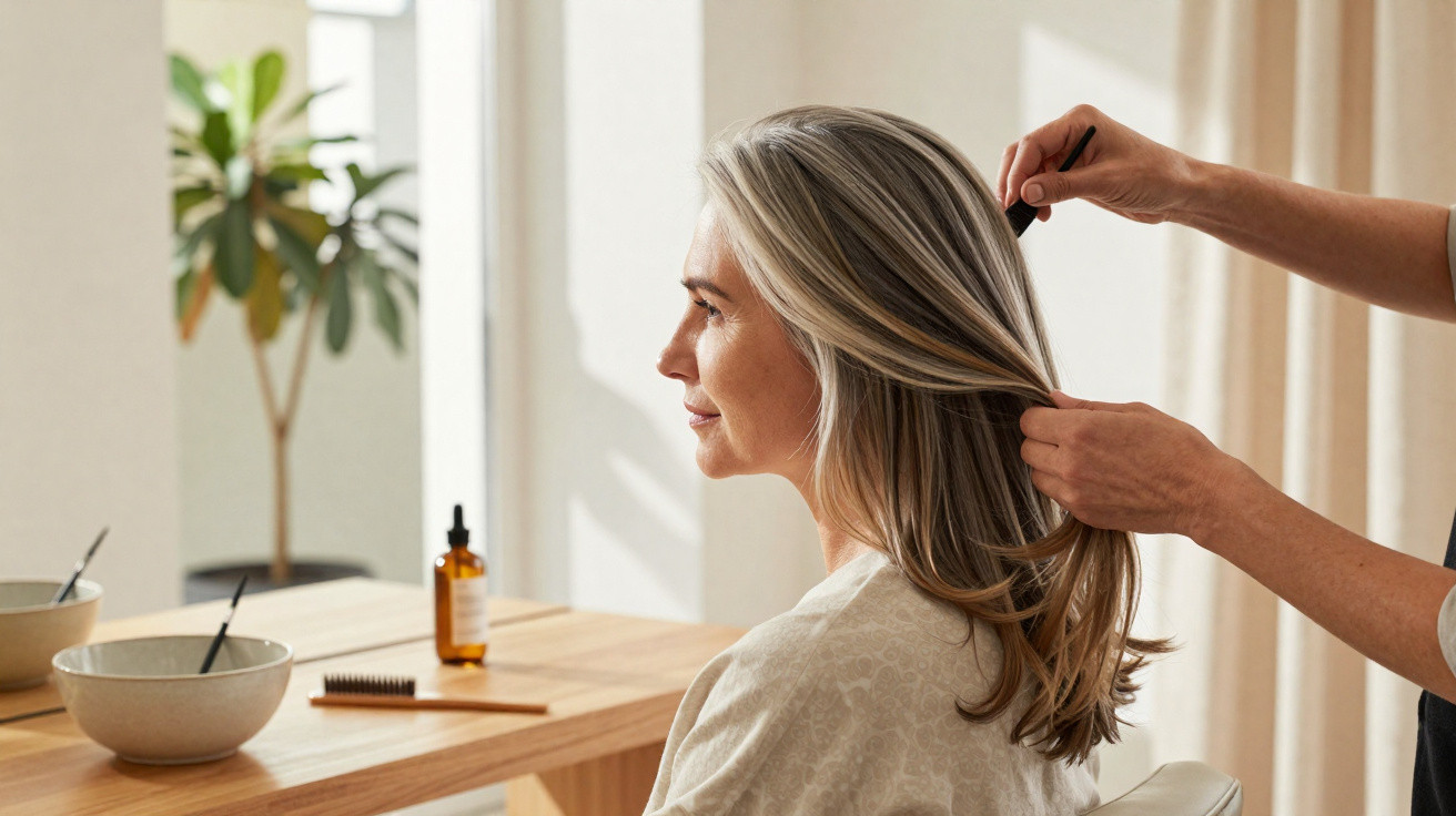 Hairdresser styling a smiling woman's blonde hair in a bright, minimalist room with plants and wooden table.