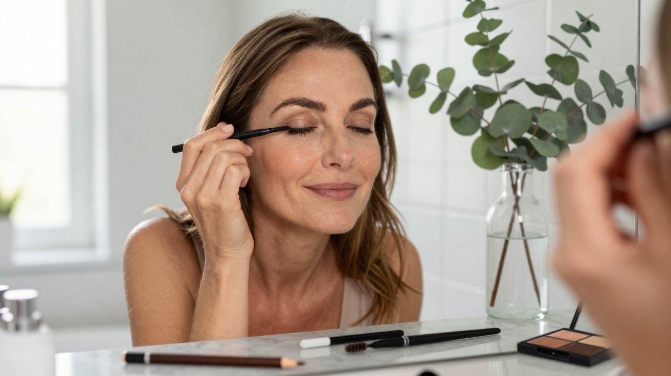 Woman applying eyeliner in front of a bathroom mirror with makeup products on the counter