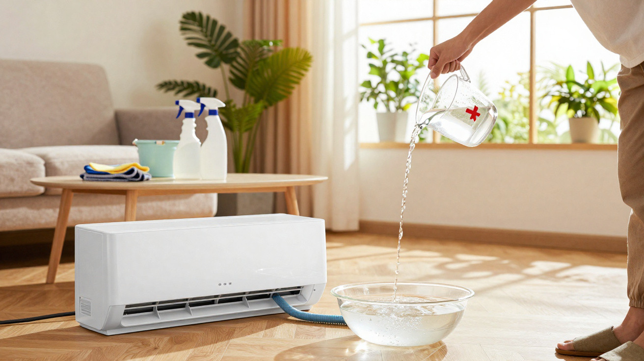Person pouring water into a bowl connected to a white air conditioner in a bright living room.