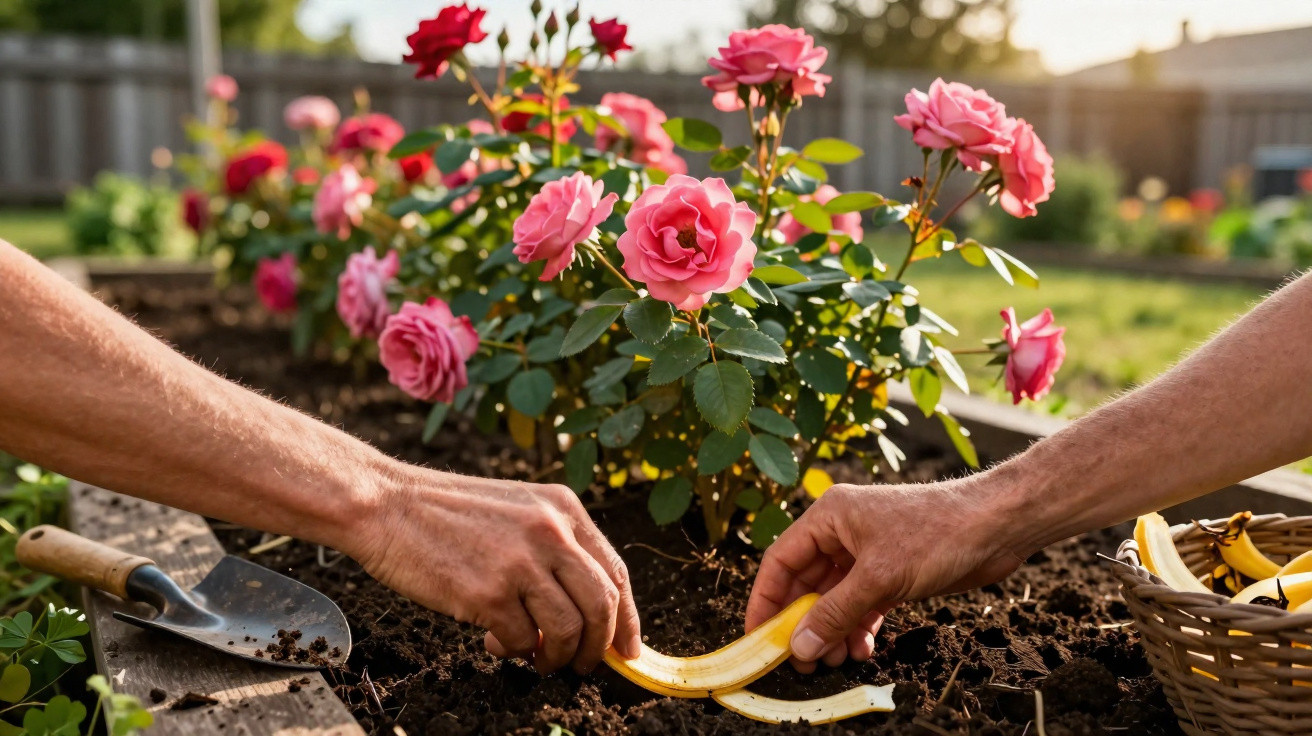 Two hands placing a banana peel near blooming pink roses in a garden bed at sunset.