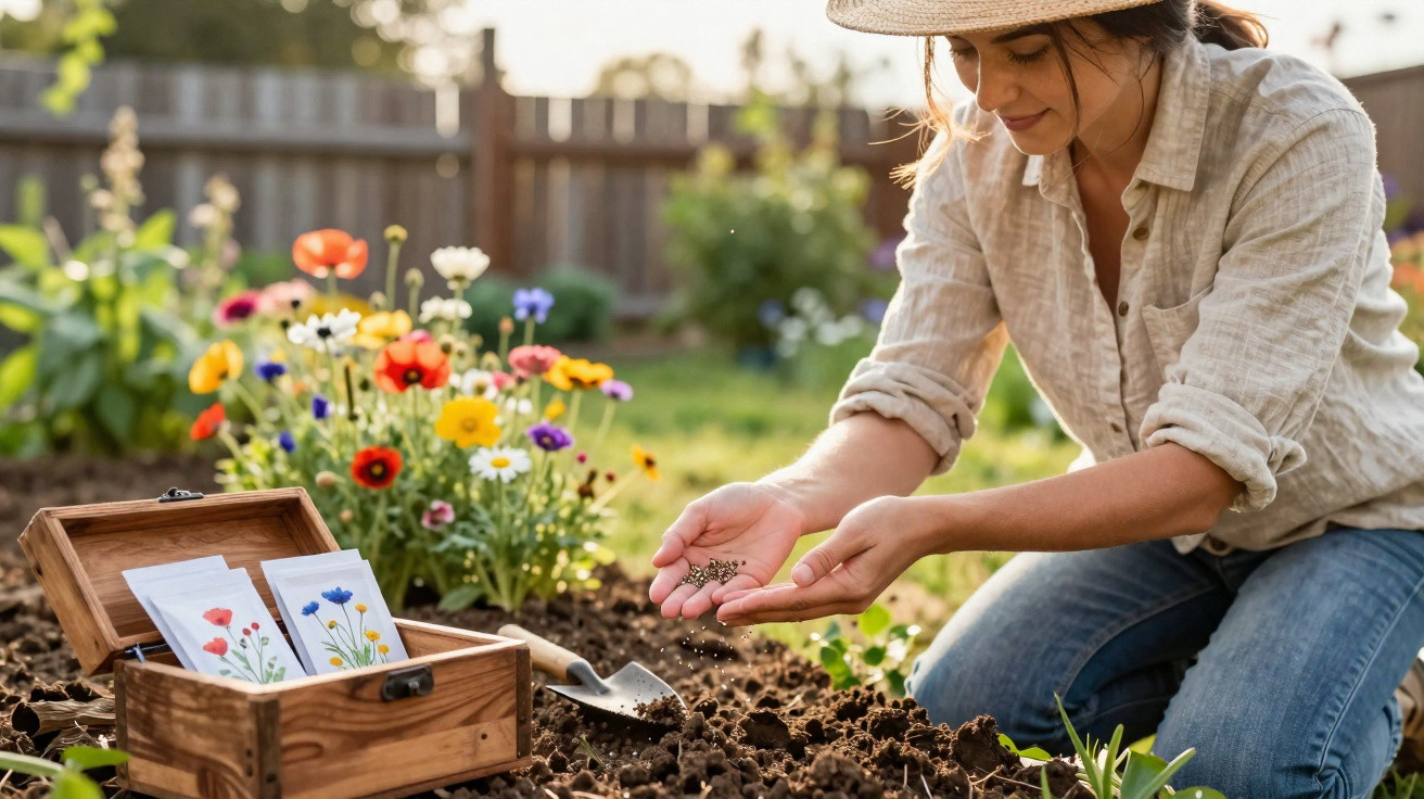 Woman planting flower seeds in soil in a garden with seed packets and a trowel nearby.