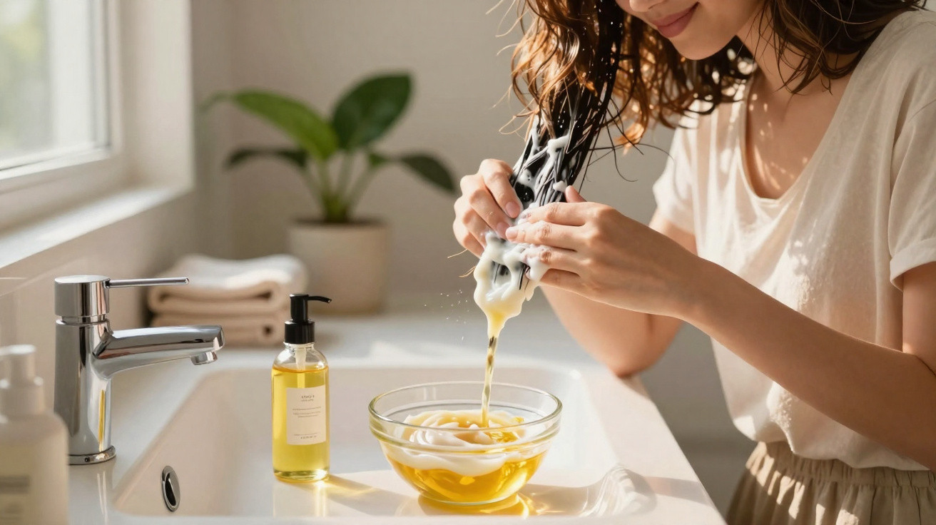 Woman squeezing shampoo foam from a packet into a glass bowl in a bright bathroom sink area.