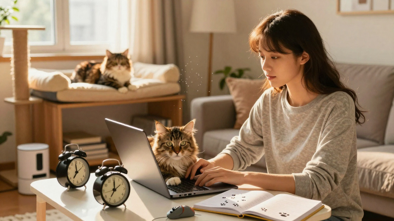 Young woman working on a laptop with a cat on her lap and another cat resting on a sofa in a cosy living room.