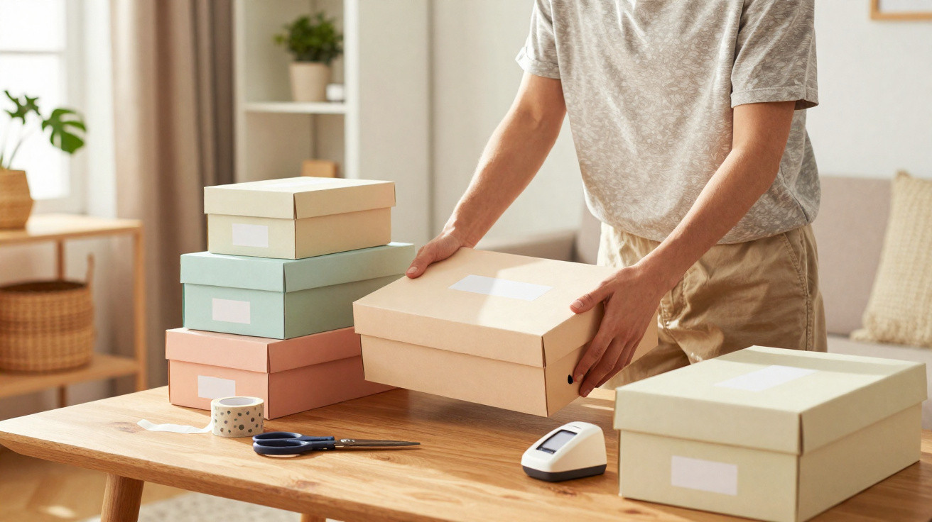 Person organising pastel-coloured storage boxes on a wooden table in a bright, cosy room.