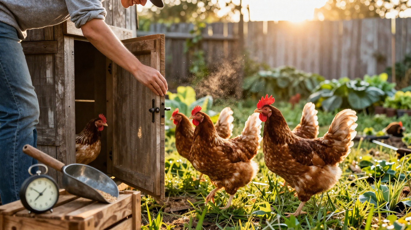 Person opening a wooden chicken coop door as chickens walk out into a sunlit garden in the morning.