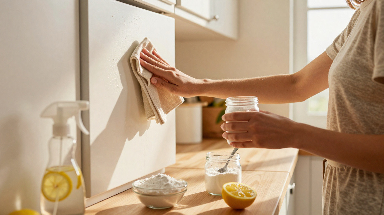 Person cleaning a kitchen surface with a cloth, natural cleaning ingredients like lemon and baking soda nearby.