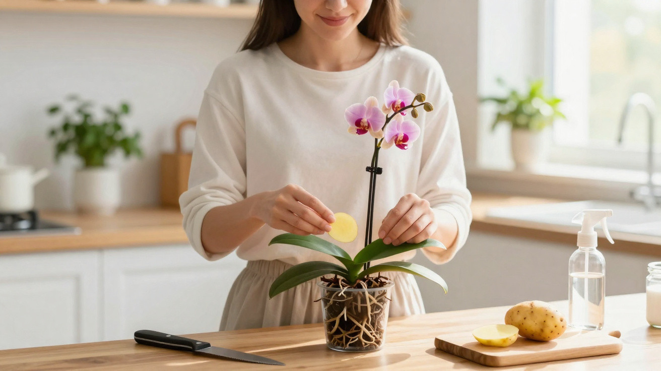 Woman tending to a potted orchid plant on a kitchen countertop with potato slices and spray bottle nearby.