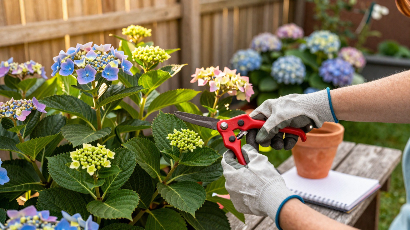 Hands wearing gloves pruning hydrangea flowers in a garden with a wooden fence background.