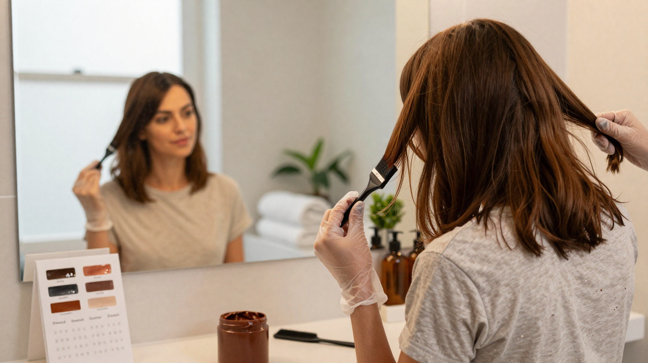Woman with gloves applying hair dye with brush while looking in bathroom mirror