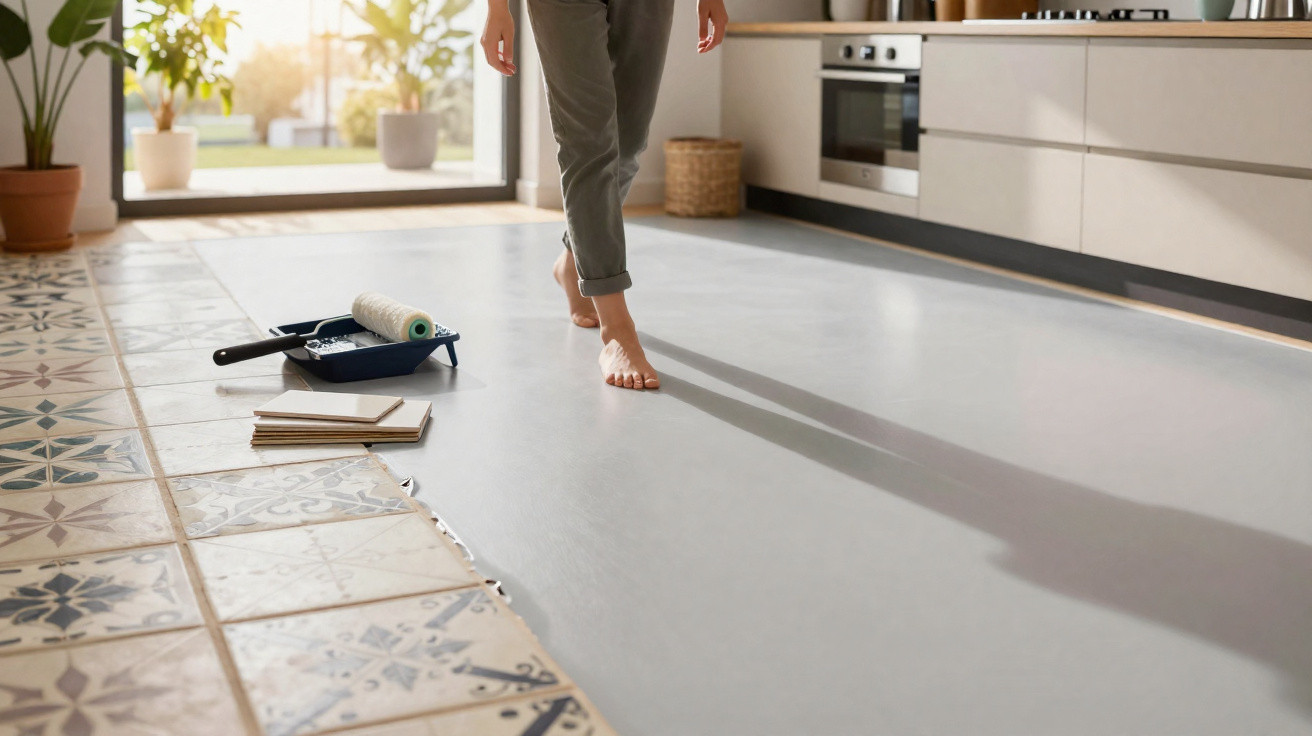 Person walking barefoot on a newly renovated kitchen floor with paint roller and tiles nearby.