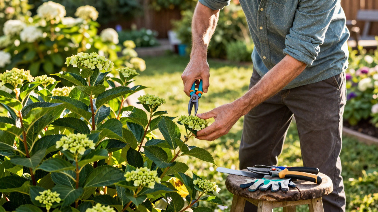 Person pruning green hydrangea flowers in a sunny garden with gardening tools on a nearby stool.