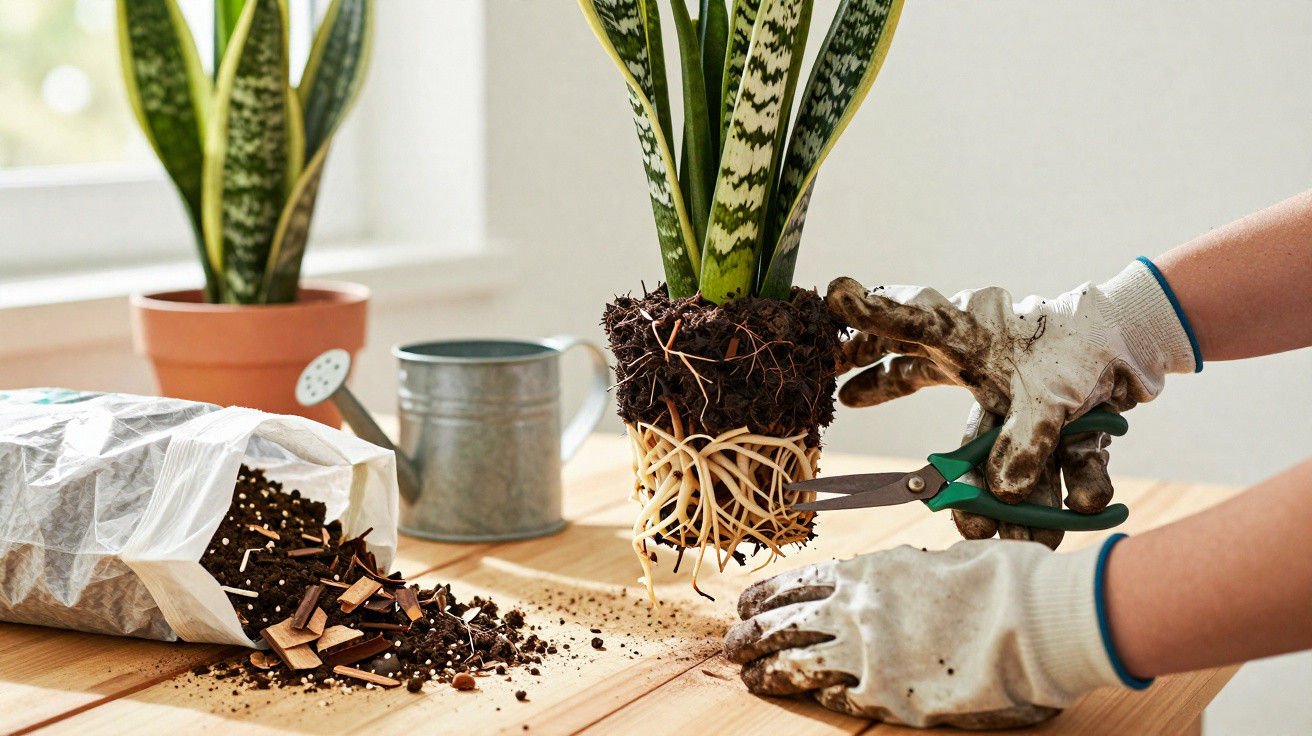 Person wearing gardening gloves trimming root tips from a snake plant over a wooden table indoors.