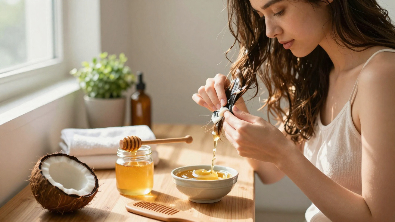 Woman applying honey from a bowl onto hair strands for natural hair care, with coconut, honey jar, and comb nearby.