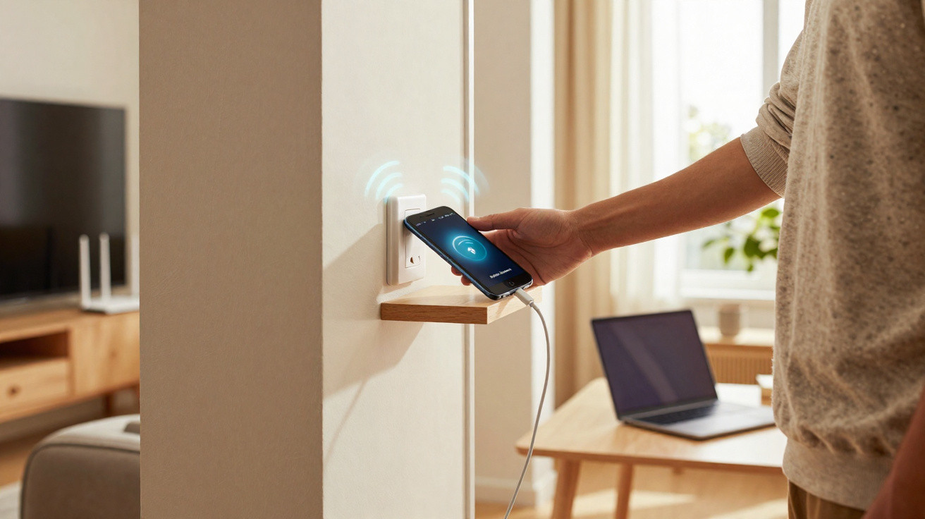 Person holding a smartphone near a charging pad on a wall socket in a bright living room.