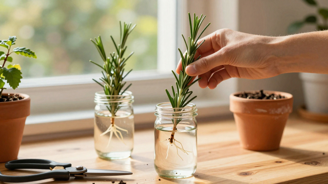 Hand placing rosemary cuttings with roots growing in jars of water on a wooden table by a window.