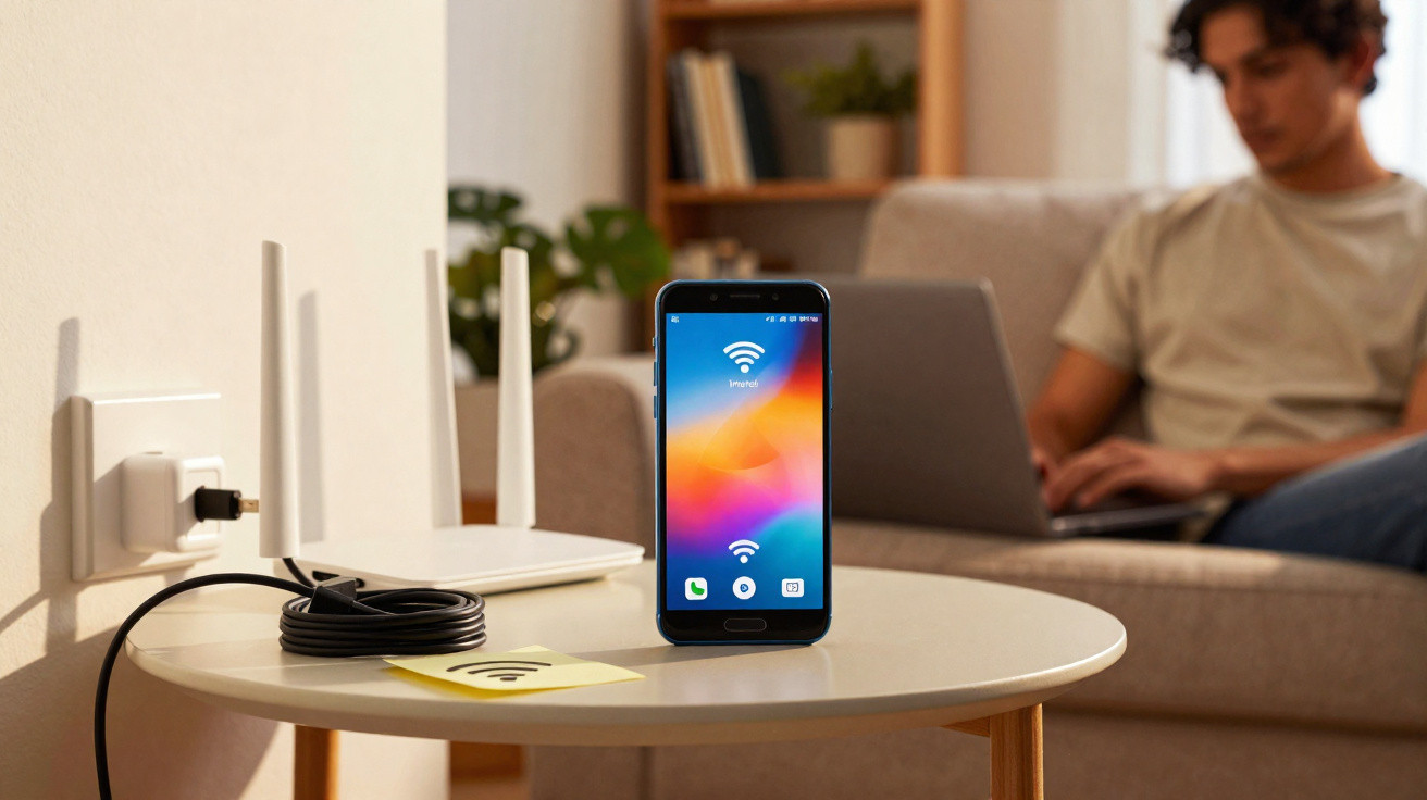 Smartphone displaying Wi-Fi connection on table with wireless router and person using laptop in background.