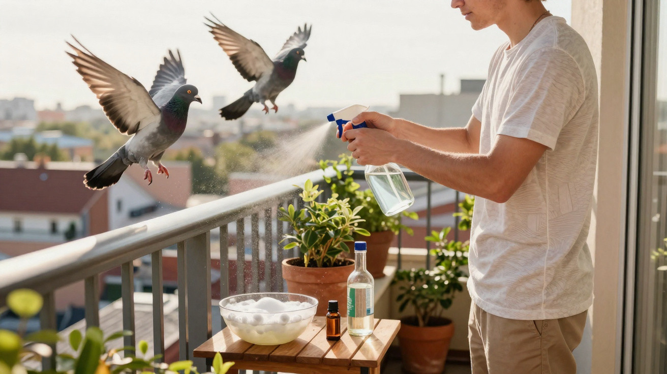 Person spraying liquid from a bottle to scare pigeons flying near a balcony with potted plants.