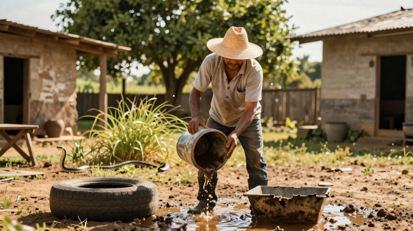 Man wearing a straw hat pouring water from a bucket onto muddy ground in a rural yard with plants and buildings.