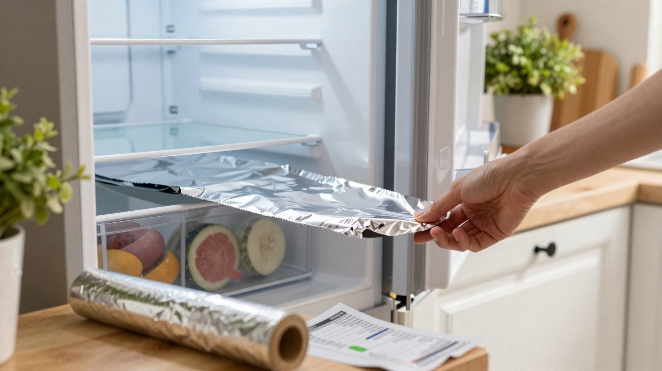 Hand placing aluminium foil inside a fridge with fruits in the drawer and a roll of foil on the counter.