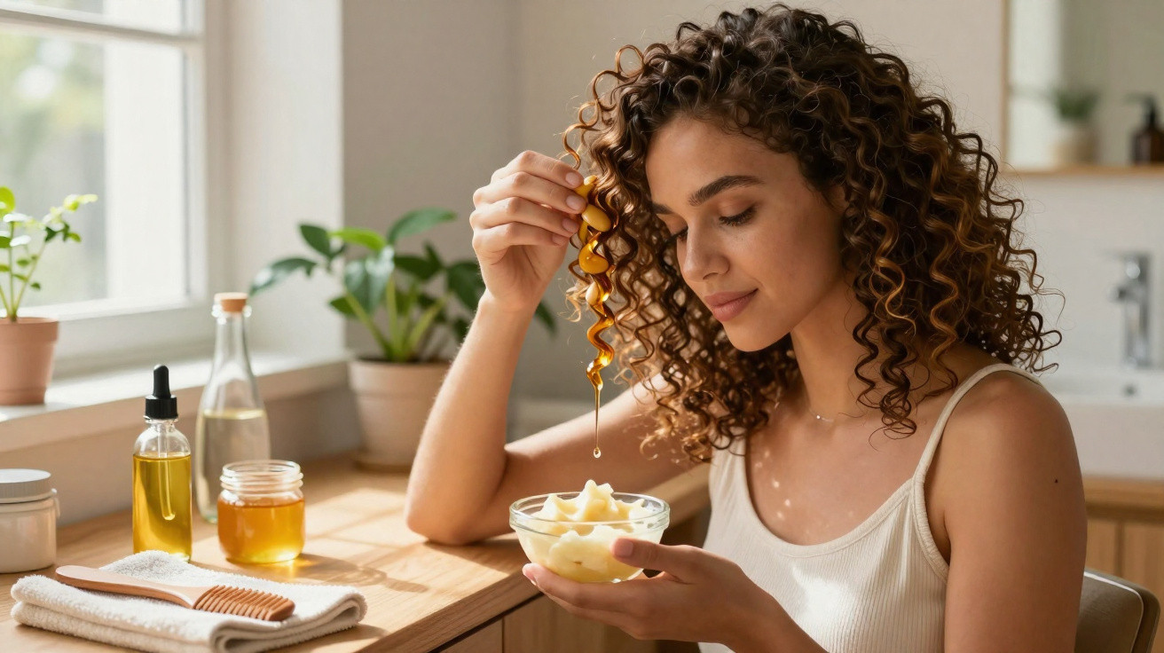 Woman with curly hair dripping honey onto a bowl of skincare cream in a sunlit bathroom.