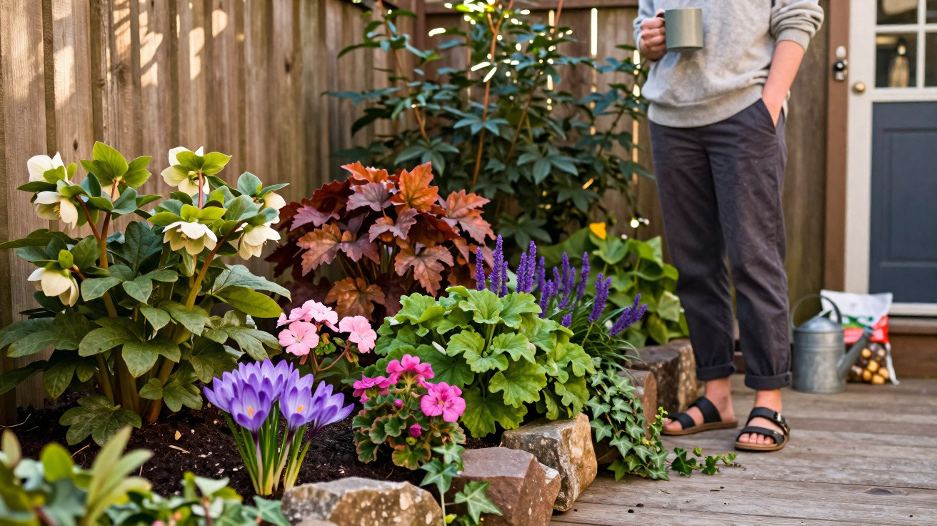 Person holding a mug standing next to a vibrant garden bed with various flowering plants and greenery.
