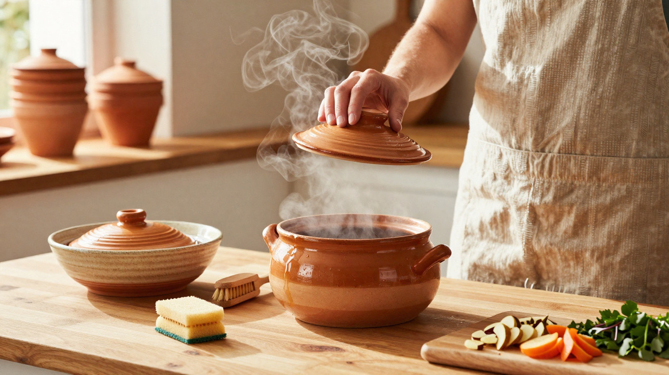 Person lifting lid from steaming clay pot on kitchen table with vegetables and cleaning sponges nearby