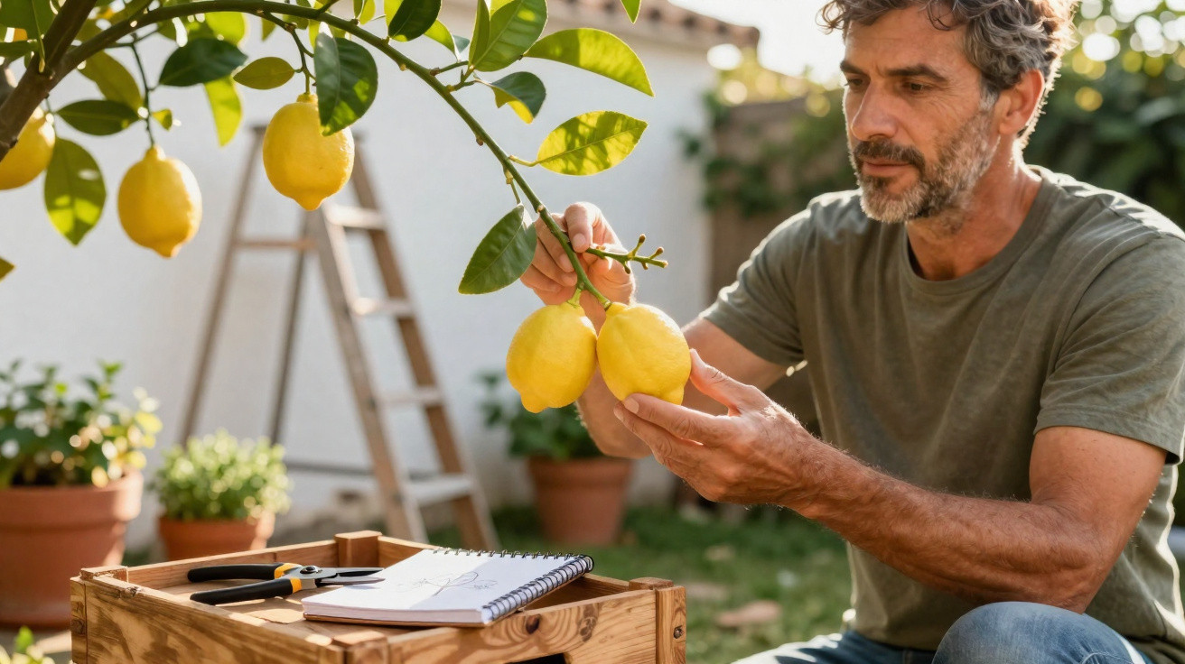 Man inspecting lemons on a tree in a garden with gardening tools and notebook on a wooden crate nearby.