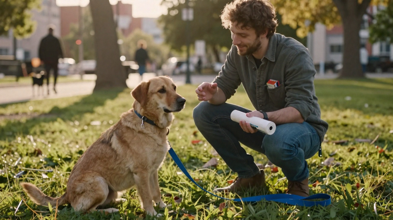 Man crouching on grass holding dog leash and treat, training a golden retriever in a park at sunset.