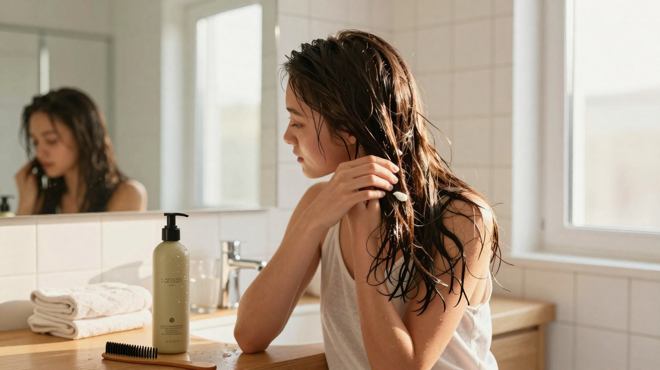 Woman with wet hair applying hair conditioner in a bright bathroom by a wooden countertop and mirror.