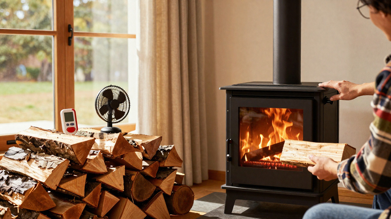 Person placing a log into a lit wood-burning stove next to a large stack of split firewood.
