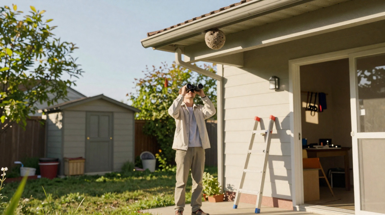 Person in backyard using binoculars to observe a large wasp nest under the house eaves near a ladder.