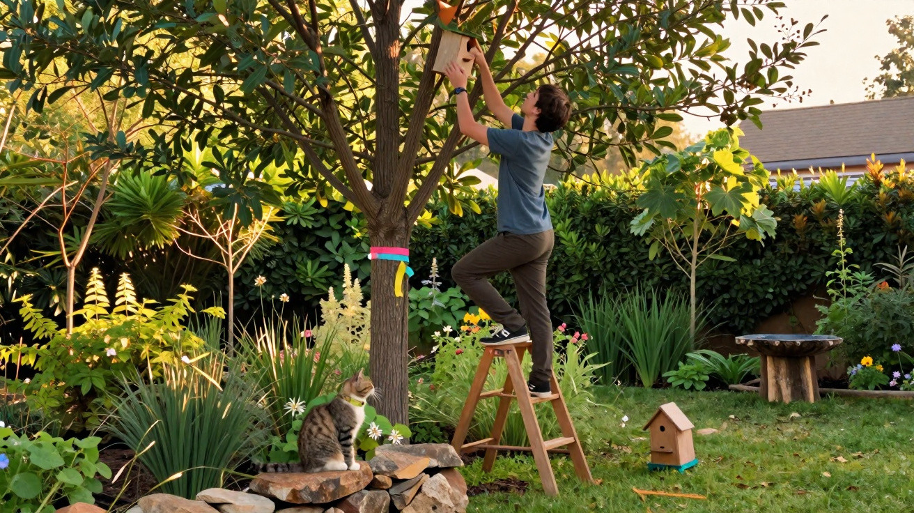 Boy on a ladder hanging a birdhouse in a tree while a cat sits on rocks in a sunny garden.