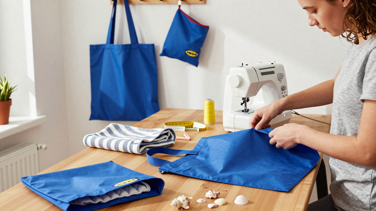Person sewing a blue IKEA bag on a wooden table with sewing supplies and seashells nearby.