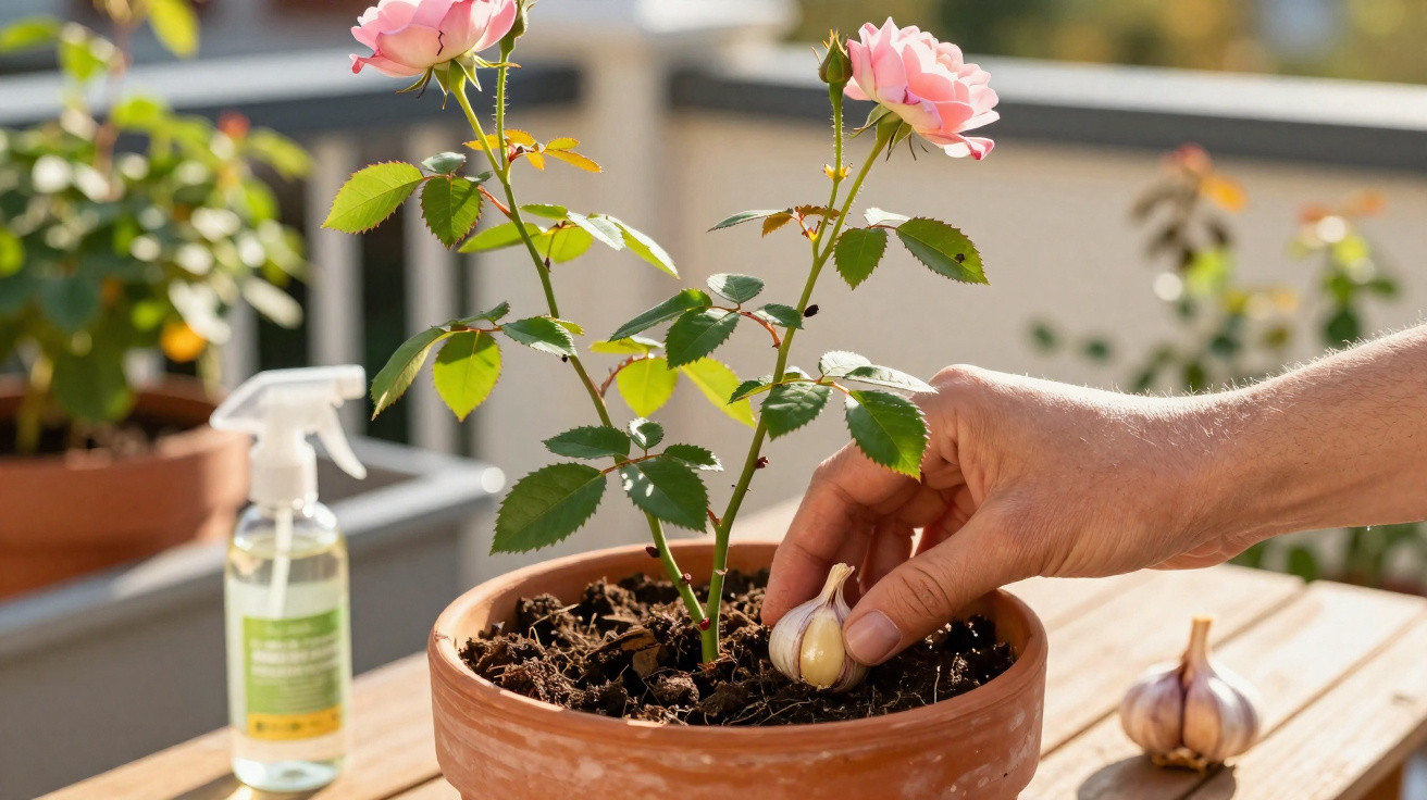 Hand placing a garlic bulb in soil next to a potted pink rose plant on a wooden table outdoors.