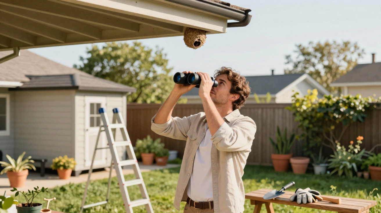 Man observing a wasp nest under a roof overhang using binoculars in a garden setting.