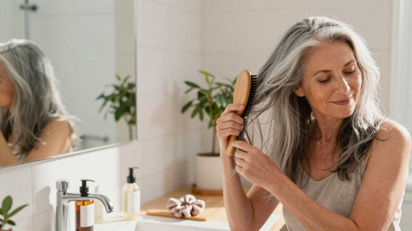 Middle-aged woman with grey hair brushing her hair in a bright bathroom with plants and toiletries on the counter.