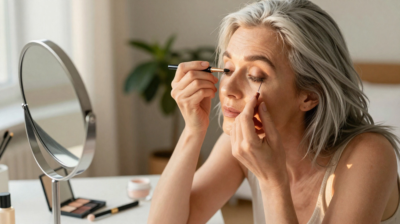 Mature woman applying eyeshadow while sitting at a table with a mirror and makeup products in natural light.