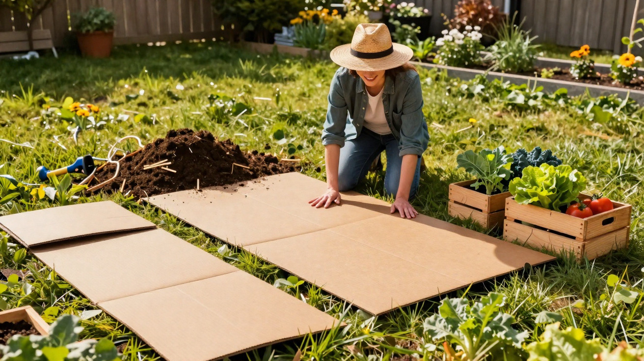 Person kneeling on grass laying cardboard sheets in a garden with plants and vegetables in wooden crates nearby.