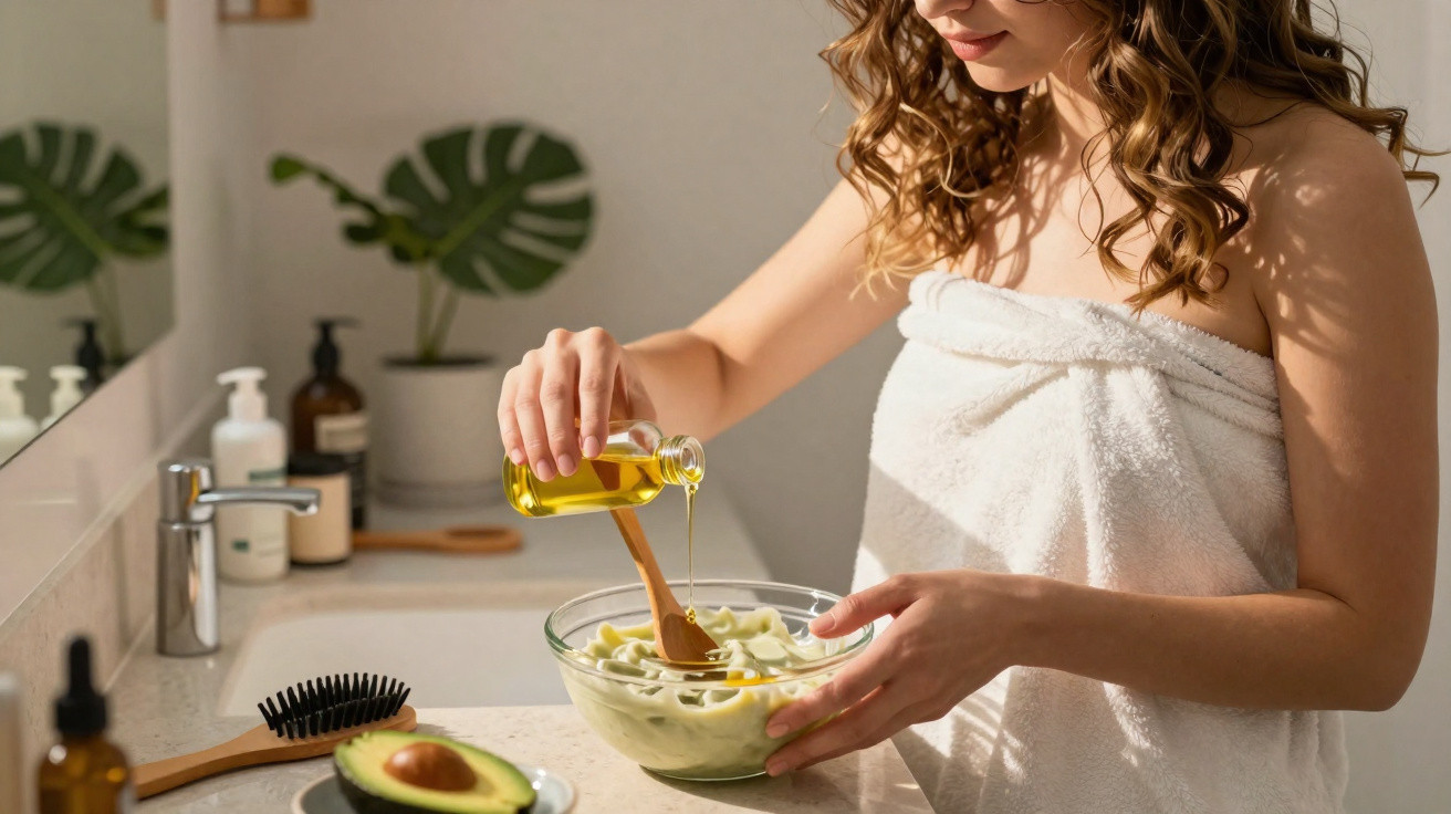 Woman in towel pouring oil into a bowl with avocado mask in a bathroom with plants and beauty products.