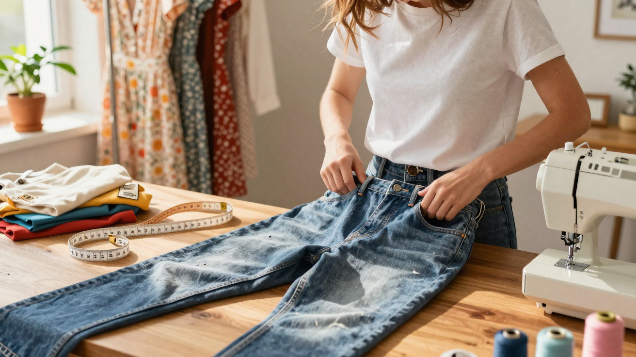 Person adjusting a pair of blue denim jeans on a wooden table with a sewing machine nearby.