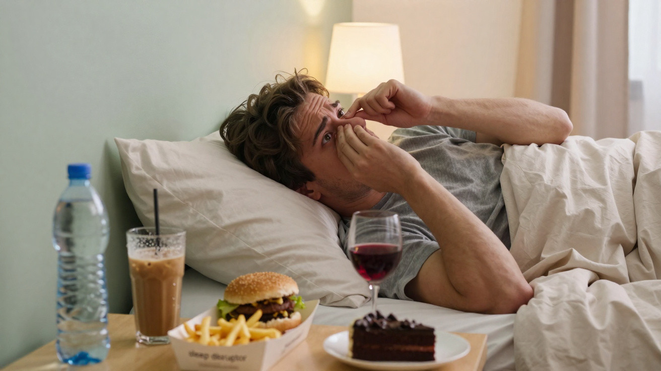 Man lying in bed holding his nose surrounded by junk food and drinks on a bedside table.